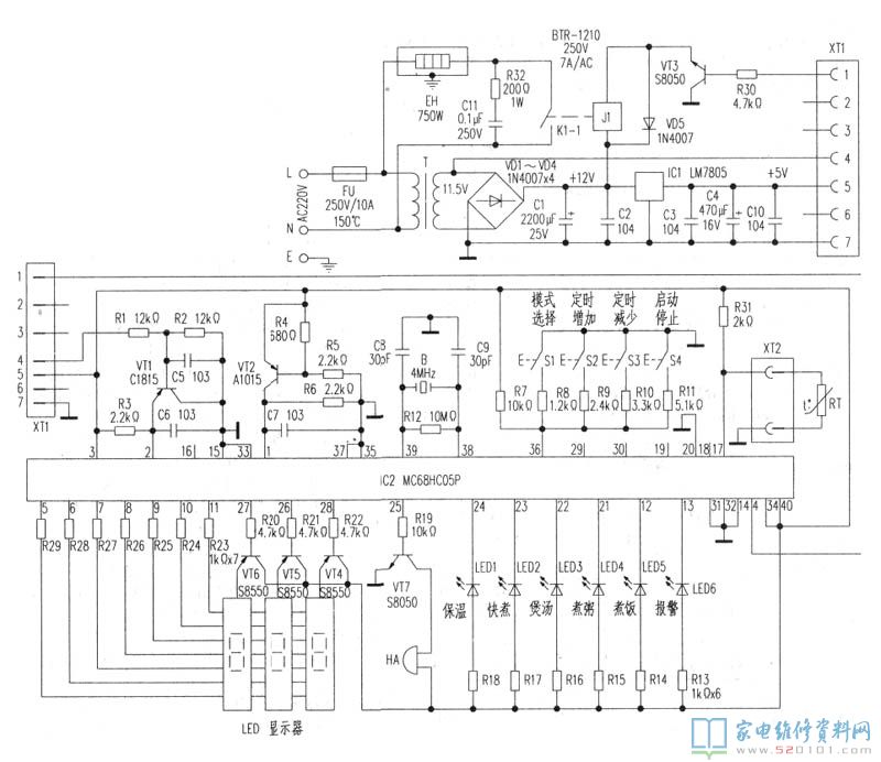 電飯鍋由開關電源配電、輸出功率推動電路(建在蓋子)見下面的圖