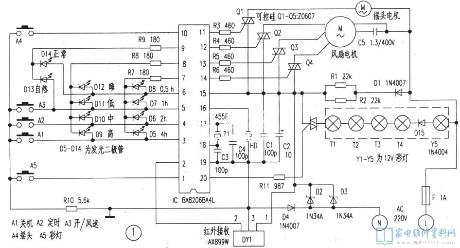 一種金作用紅外信號(hào)的電扇電路
