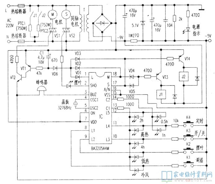 排風電機M和擺葉電機s各自以雙向可控硅VS