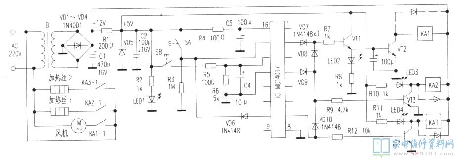 12V開關電源經電阻器R1降血壓,VD5穩壓管后導出5V工作